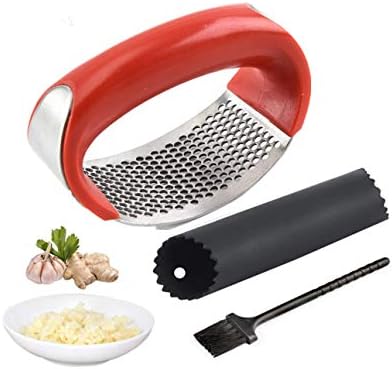 Garlic Press, Garlic Press Stainless Steel, Garlic Press Rocker Garlic Peeler Set Cleaning Brush Kitchen Garlic Chopper Press Rocker Easy Operate and Clean Kitchen Tools (red)