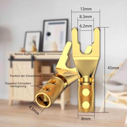 2. Bild von Tertullus 8 Stück Reines Kupfer Vergoldete Schrauben Lautsprecher Kabelschuh Gabel Klemmen Gabelschuhe U Stecker Für HiFi Anlage Verstärker/Lautsprecher, Lautsprecherkabel Bis 4,5mm