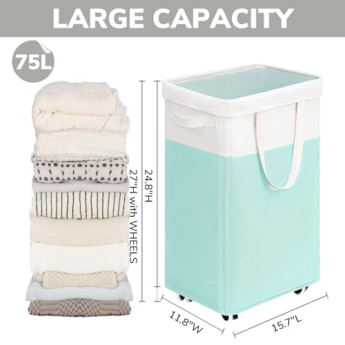 Image of Goodpick Laundry Basket with Wheels, 75L Laundry Hamper with Wheels, Large Laundry Basket with Removable Wash Bag, Clothes Hamper for Laundry, Blue&White
