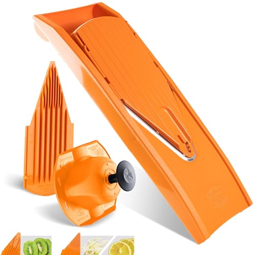 Börner Gemüsehobel V1 (Basis Set) • V-Hobel mit 2 Einsätzen & Fruchthalter • Verstellbarer Küchenhobel für Gemüse & Obst • Gemüseschneider für Scheiben in 3 Stärken • Farbe: Orange