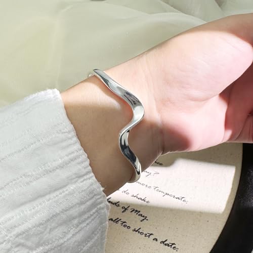 Sterling Silver Wavy Cuff Bracelet - Adjustable Irregular Thin Bangle for Women4