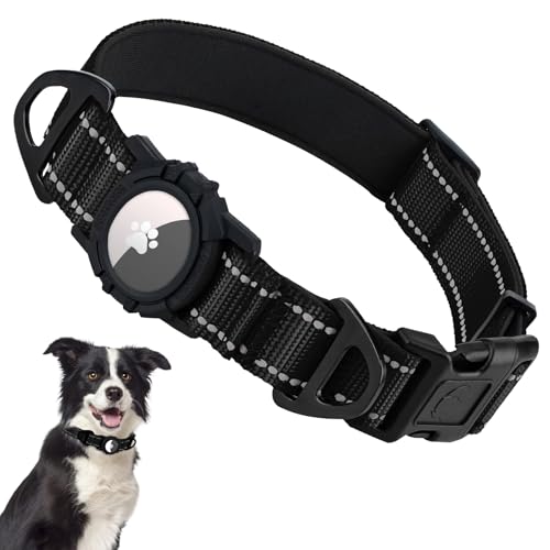 Taglory Reflective AirTag Dog Collar with Waterproof Airtag Holder, Dual D-Rings, Durable Safety Buckle, Adjustable Soft Padded for Medium Dogs Night Walking, Outdoor Tracking, Black, M