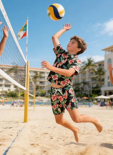 Image of UNICOMIDEA Boys Hawaiian Outfits Tropical Print Button Down Shirt + Swim Trunks 2 Piece Sets for 5-12T Kids