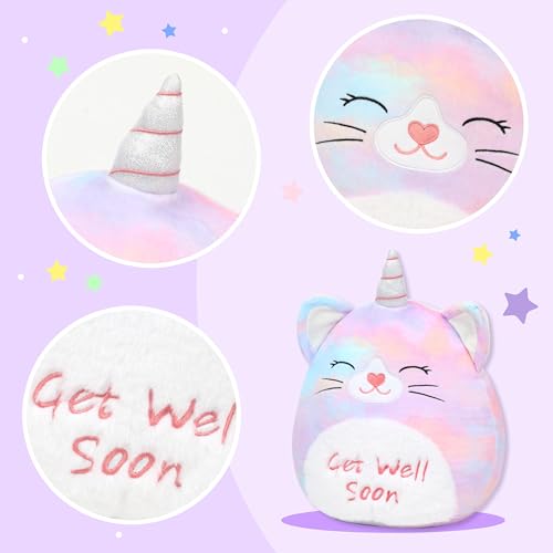 Image of Easfan 13'' Get Well Soon Unicorn Cat Plush Pillow Soft Cute Stuffed Animal with Silver Horn Feel Better Gifts for Kids Patient Feel Better for Women