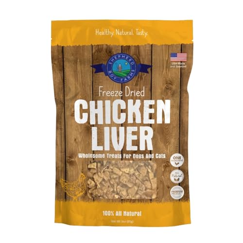 Shepherd Boy Farms Freeze Dried Dog and Cat Treats Chicken Liver All Natural Single Ingredient Freeze-Dried Dog Treat & Snacks Made in USA High Protein Essential Nutrition Raw Food 3oz