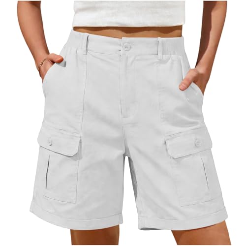 Sinzelimin Women's Cargo Shorts Fashion Multiple Pockets Button Front Loose Comfy Wide Leg Cropped Sweatpant Workwear White Large