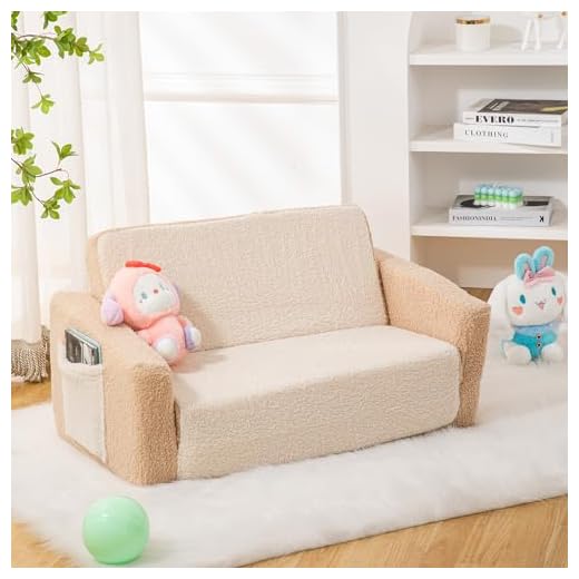 SUFUS Baby Toddler Sofa Couch for Kids Extra Wide 2-in-1 Toddler Sherpa Fold Out Couch Bed for Playroom, Pull Out Children Convertible Sofa to Lounger for Boys & Girls with Double Pockets, Khaki-Cream
