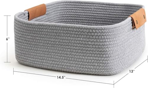 Image of ☆LBY Rectangle Cotton Rope Woven Basket with Handles for Books, Magazines, Toys - Ideal Gift Decorative Basket for Baby Nursery, Living Room (grey, large 14.5 x 13 x 6 inch)