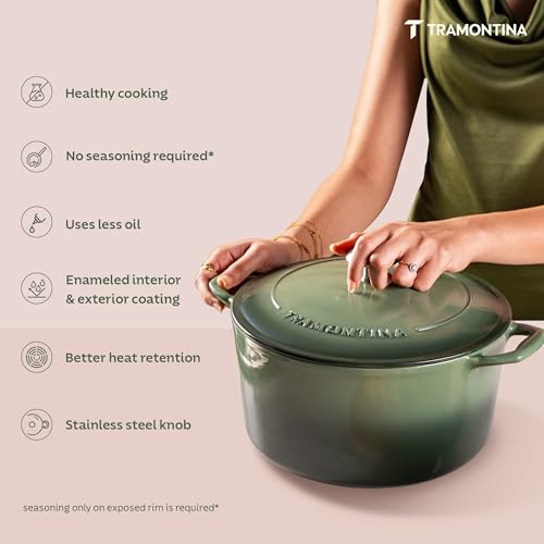 Image of TRAMONTINA Bestow Round Dutch Oven 3.3L with Lid | Enameled Cast Iron Casserole Pot & Biryani Pot | Even Heat Retention | Low Oil Healthy Cooking | No Seasoning Required | All Cooktops Compatible | Green