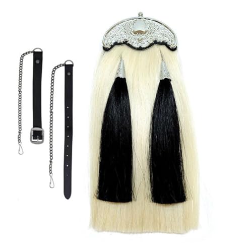 Generic Scottish Kilt Sporran Orignal Horse Hair White Thistle Cantle, Piper Kilt Sporrans Horse Hair with Black Long Hair Two Tassels Kilt Accessory, white, Standard