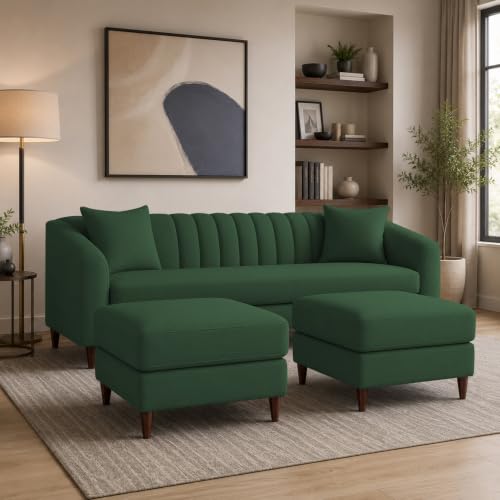 Image of Doraldo 3 Seater Sofa Set with 2 Ottoman for Living Room (Green) Premium Fabric Sofa