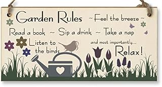Handmade Wooden Hanging Wall Plaque Garden Rules Relax Feel the Breeze Take a Nap Pretty Sign for Gardeners