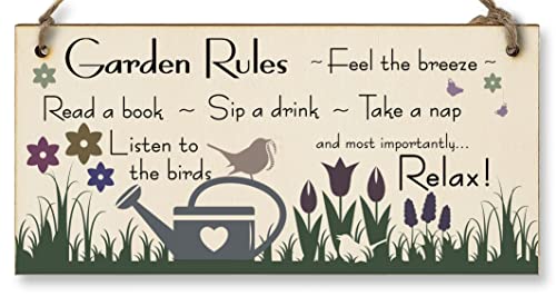 Handmade Wooden Hanging Wall Plaque Garden Rules Relax Feel the Breeze Take a Nap Pretty Sign for Gardeners