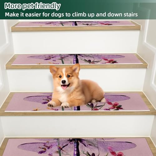 Tapis d'escalier antidérapants marches bois motif libellule violette