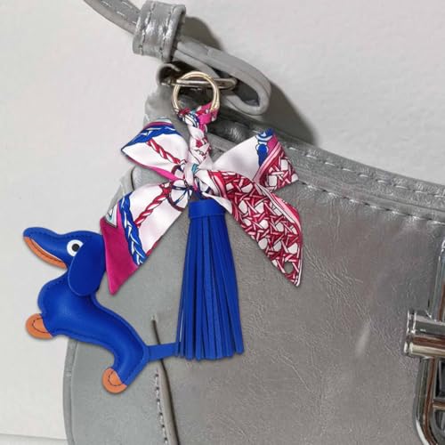 ZEPFJHE Stilvoller Dackel-Anhänger mit weichen Lederquasten und Schleife, Schlüsselhalter, modischer Charme für Taschen oder Auto-Dekoration, Hundewitz, Leder, Rosa, M