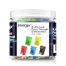 100-Pack RJ45 Cat6 Pass Through Connector, Assorted Colors, RJ45 Modular Plugs for Solid or Stranded UTP Cable
