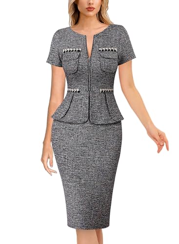Image of VFSHOW Womens 2024 Business Work Office Peplum Crew Neck Front Zipper Pockets Sheath Bodycon Dress