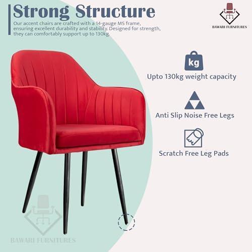 Image of Plush Dining Chair | Accent Chair for Living Room Bedroom Restuarant | Velvet Fabric & Thick Cushion Seat with Sturdy Glossy Metal Legs (Black Legs, Red)