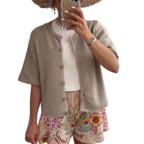 Women Y2K Short Sleeve Cardigan Solid Color Button Down Spring Summer Crew Neck Casual Open Front Ribbed Top