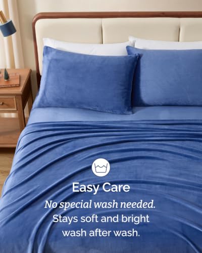 Image of Fleece Sheets King Size Set - 4-Piece Flannel Sheet Set - Washed Blue