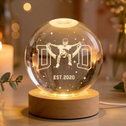 Image of Custom Dad Photo Crystal Ball Light, Fathers Day Gift from Kids, New Daddy Gift, Best Daddy Ever Keepsake Light, Grandpa & Kids Portrait Globe