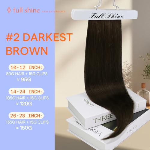 Image of Full Shine 26 Inch Dark Brown Clip in Human Hair Extensions | Soft Straight Brown Remy Human Hair Clip in Extensions for Long Hair, 7 Pcs 150g