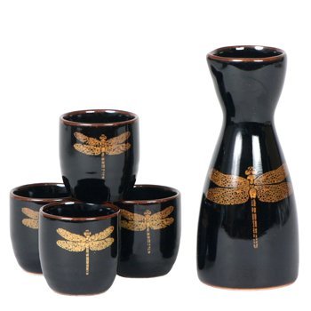 Japanese Black Dragonfly Sake Set - Four Cups