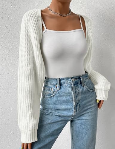 Image of Women's Long Sleeve Open Front Knitted Crop Cardigan Drop Shoulder Knit Bolero Shrug Sweater