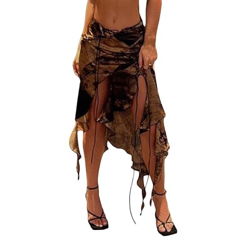 Women's Midi Skirt Low Waist High Split Vintage Pattern Print Front Tie Up Irregular Ruffle Hem Skirt Clubwear