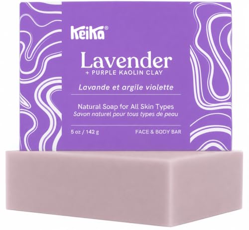 Keika Lavender Soap Bar with Purple Kaolin Clay for Face &amp; Body, Natural Relaxing Spa Bath &amp; Shower Cleanser, 5 oz.