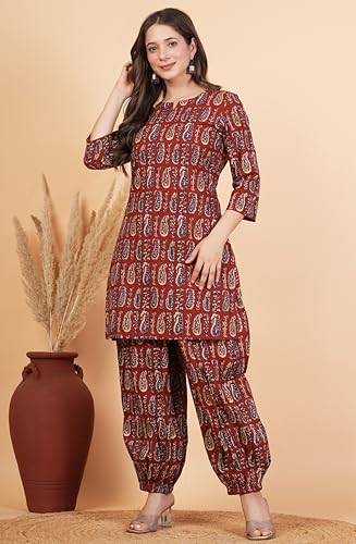 Image of rytras Women Woman Pure Cotton Printed Straight Kurta Sets with Afghani Pants|Kurti Set for Woman|Cord Set for Women Cotton