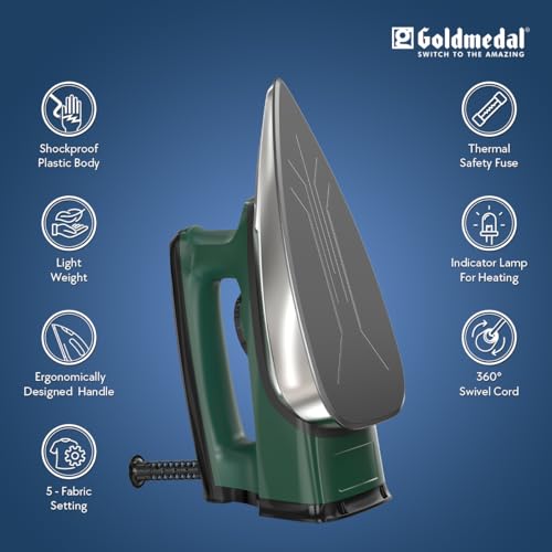 Image of Goldmedal Zoro 1100W Dry Iron| Non-stick Premium Triple Coated Soleplate| 5 Fabric Setting|1.8 Meter Cord|360 Swivel Cord| Indicator Lamp for Heating| 2.5 Years Warranty| Light Weight (Green)
