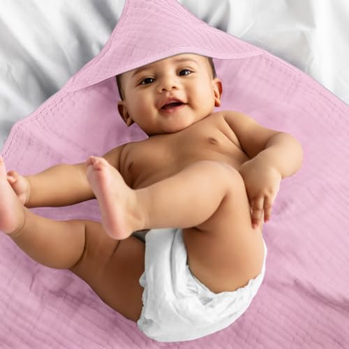 Image of Preboun 6 Pcs Muslin Hooded Baby Towels and Washcloths 32 inchx 32 inch Cotton Newborn Bath Towel Anti-Shrink Infant Baby Blankets with Hood 12 inchx 12 inch Washcloths for Girl Boy Toddler(Rose Red,Pink)