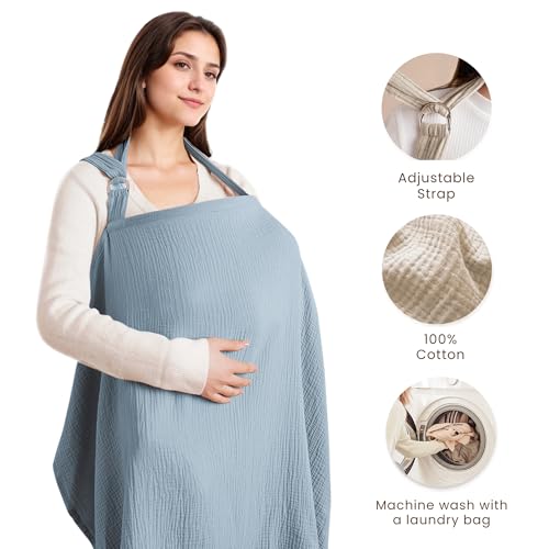 Image of Konssy Muslin Nursing Cover Up for Breastfeeding with Rigid Hoop | 100% Cotton Nursing Apron, Lightweight & Breathable, Carseat Canopy, Breast Feeding Covers for Women (Blue)