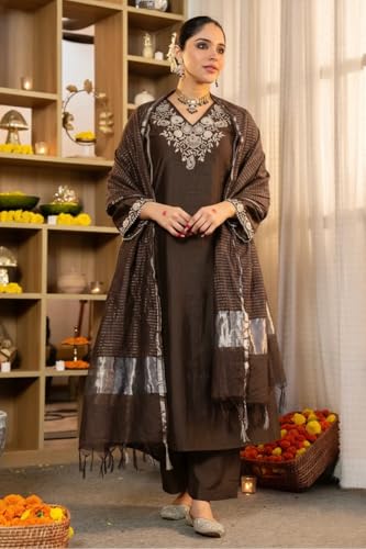 Image of Klosia Women Embroidery Solid Straight Kurta and Pant Set with Dupatta