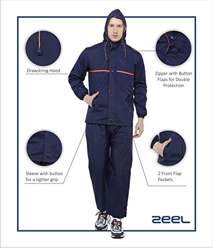 Image of ZEEL Rain Coat for Men Waterproof for Bike Riders with Adjustable Hood Along with Inner Pockets,Waterproof Raincoat with Polyester Jacket,Pants and Carrying Pouch,AZ03 Navy-Orange XXL