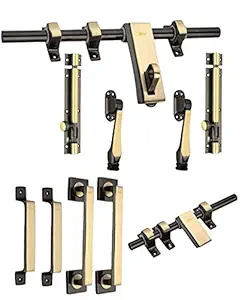 Chitra Altis Series Brass Heavy Double Door Fitting Accessories Full Set/Kit (1 Aldrop, 1 Latch, 4 Handles, 2 Tower Bolt and 2 Door Stopper) (12 Inch, Two Tone Antique Brass)