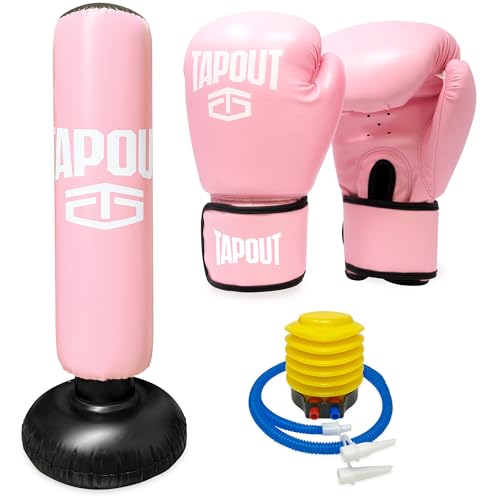 TAPOUT Kids Pink Boxing Kit: 8 oz Gloves, Inflatable Punching Bag with Pump, Mesh Carrying Bag Included (Pink)