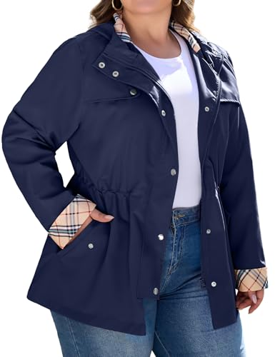 Rain Jacket For Women Waterproof Lightweight Lined Women's Plus Size Raincoats With Hood Long Rain Coat Navy Blue 3XL