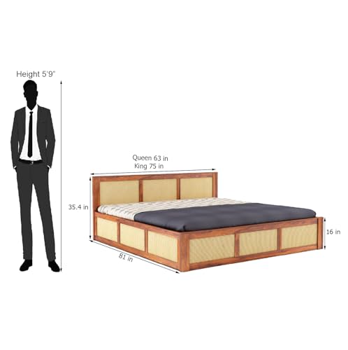 Image of Solid Sheesham Wood Queen Size Bed with Box Storage for Bedroom Home Living Room Hotel Wooden Double Bed Cot Palang Furniture (Honey Finish)
