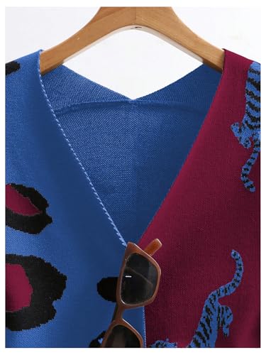 Image of WDIRARA Women's Leopard Tiger Print Cardigan V Neck Long Sleeve Color Block Button Down Sweater Outwear