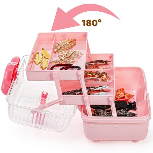 Image of Noamus 11 inch Three-Layer Multipurpose Storage Box, Clear Plastic Art Craft Organizer, Portable First Aids Case with Handle Trays for Kids, Sewing Makeup Nail Hair Accessories, Home School Office(Pink)