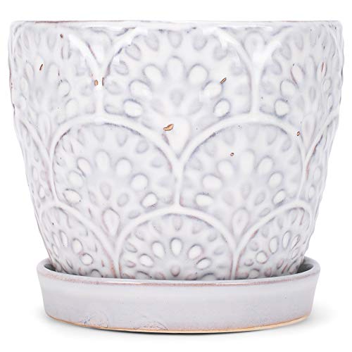 Napco Scallop Embossed Ceramic Pot With White Glaze For Indoor Plants Planter With Saucer, 5 Inches, Ivory And Jet Black #TOP24