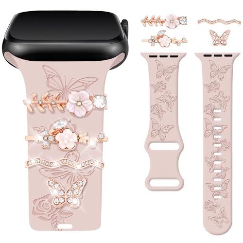 Watbro Floral Engraved Band and Decorative Rings Loops Compatible with Apple Watch Bands 40mm for Women 38mm 41mm, Soft Silicone Sport Band With Decorative Apple Watch Charms for iWatch Series 9 8 7 6 5 4 3 2 1 SE
