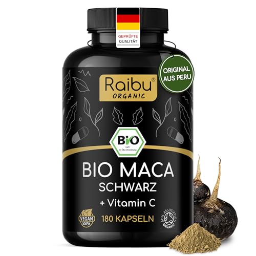 BIO Maca Kapseln (Schwarz) - 3200 mg je Tagesdosis (entspricht 12.800 mg Maca-Wurzel aus Peru), mit natürlichem Vitamin C - Bio-zertifiziert, vegan & ohne Magnesiumstearat