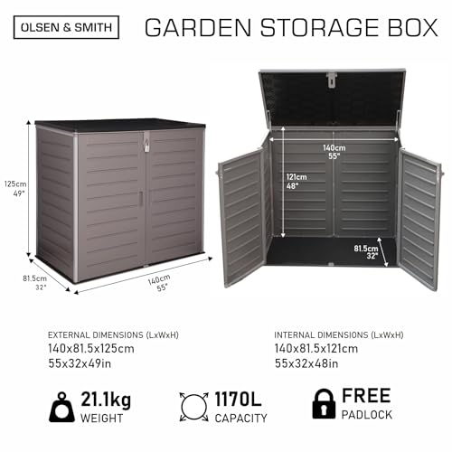 Olsen & Smith 1170L Extra Large Xl Outdoor Garden Storage Box With Padlock - Huge Capacity Plastic Shed Wheelie Bin Box Cabinet Cupboard - Ideal For 2X230L Wheelie Bins, Garden Tools, Toys - 2