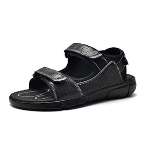Xingyue Aile Slippers & Sandalen Klassieke Outdoor Zomer Mode Strand Sandalen Voor Mannen, Echt Lederen Schoenen Lichtgewicht Anti-slip Platte Ronde Open teen Haak & lus Band ( Kleur: Zwart , Maat : 39 EU )