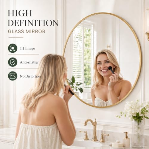 Image of Simple Deluxe 20 Inch Round Bathroom Mirror, Black Vanity Mirror with Metal Frame, Modern Circle for Bathroom, Entryway, Bedroom, Living Room, Wall Mounted Decorative Mirrors (Gold)