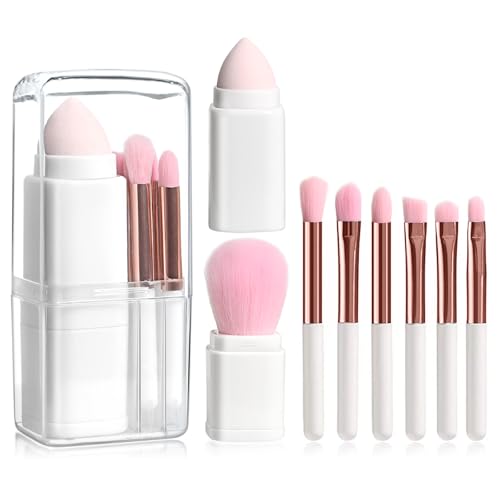 Portable Retractable Makeup Brushes Set 8 in 1 Travel Beauty Sponge All in One Make Up Brushes Set Angled Brush, Lip Brush, Eyeshadow Brush, Foundation Blending Powder Brush (White)