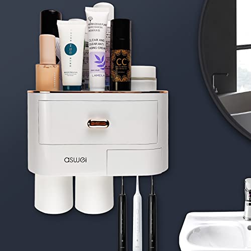 Wall-Mounted Toothbrush Holder, Wekity Multi-Functional Toothbrush Holder With 2 Cups And Cosmetic Drawers Organizer For Bathroom, Space Saving (Rose Gold) #TOP20